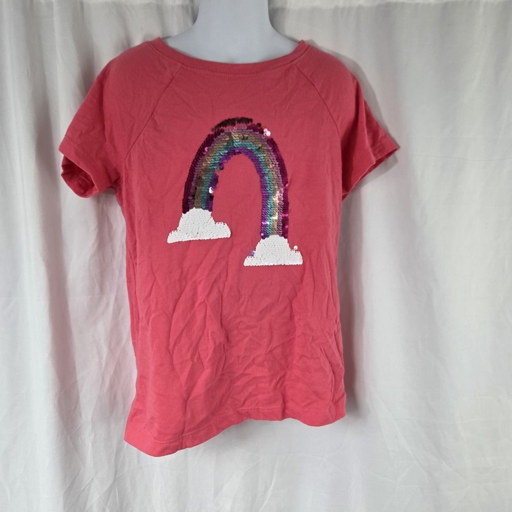 Cat & Jack Girls Size 7/8 Short Sleeve Sequined Rainbow Arch Design Pink